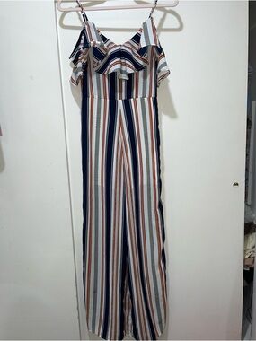 Japna Striped Off-Shoulder Jumpsuit in Navy, White & yellow size small